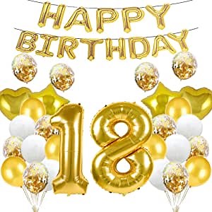 GLZLMM 18th Birthday Balloons, Gold, 41 Count, Number 18, Happy Birthday, Party Supplies, Unisex-Adults