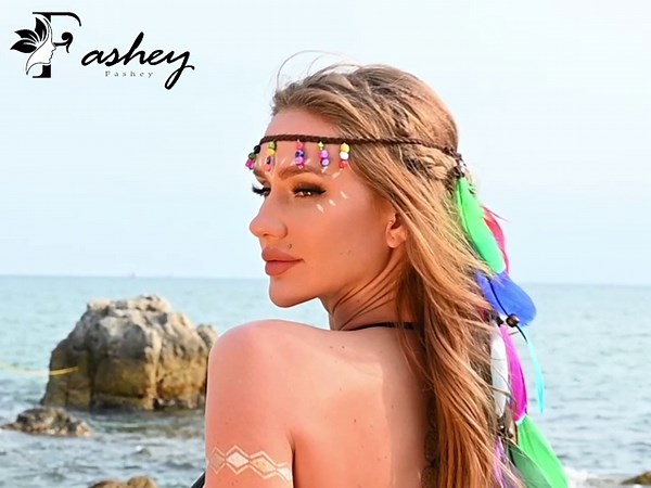 Fashey Boho Feather Headband Rainbow Peacoak Headpieces Indian Hippie Headbands Festival Costumes Hair Accessories for Women and Girls