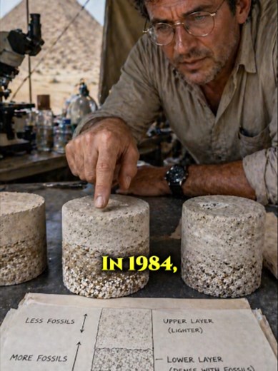 in 1984 scientists drilled into the outer casing stones of the great pyramid 🏺 what came out should not have been possible the quarry stones nearby were pure dense natural limestone but the pyramid stones were completely different lighter. filled with trapped air bubbles. minerals that have no business forming inside natural rock. and then they found the fossils in natural limestone fossils scatter randomly in every direction but inside the pyramid blocks every single fossil had settled at the