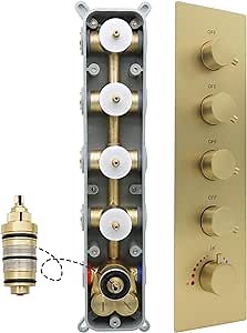 4 Way Thermostatic Shower Valve, Concealed 4 outlet Shower Diverter Mixing Valve, Can Run Together and The Flow Can Be Controlled with Bathroom Shower System, Brushed Gold