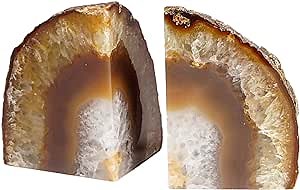 AMOYSTONE Unique Agate Stone Bookends, Heavy-Duty Book Ends for Heavy Books, Quartz Crystal Book Stopper, Natural Brown/Gray, 4-6 LBS, Perfect for Office and Studyroom Decor