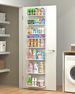 Over The Door Pantry Organizer, 8-Tier Wood & Metal Over The Door Organizer with Adjustable Basket, Hanging Spice Rack, Door Organization and Storage for Kitchen Pantry Door Cabinet, White