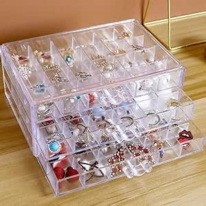 FEECKOCK Earring Organizer Box, 72 Grids Acrylic Jewelry Storage Case for Women, Clear Plastic Display Tray 3 Drawers Earrings Holder for Ring, Necklace, Bead, Nail Tip, Crystal
