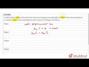 A black body at 200 K is found to emit maximum energy at a wavelength of `14mu m`. When its temp...