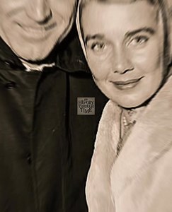 "Cary Grant, the debonair Hollywood leading man, was photographed playfully taking his wife, actress Betsy Drake, onto his lap to wish her a Happy New Year upon their arrival in London, circa 1958." | History Through Time