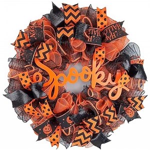 Spooky Mesh Halloween Wreath | Pumpkin Mesh Outdoor Front Door Wreath | Orange Black