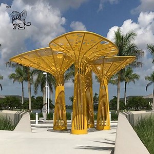 [Hot Item] Large Outdoor Abstract Metal Sunshade Pavilion Yellow Stainless Steel Big Leaf Sculpture Factory
