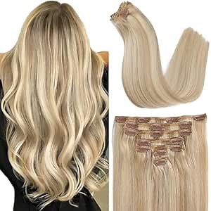 ORIGEN Clip in Hair Extensions Real Remy Human Hair Dark Golden Brown Ice White Bleach Blonde Highlights Hair for Women 120g 7 Pcs 18 Inches