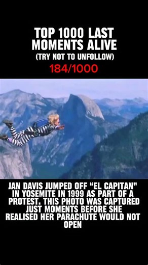 Last Moments Alive on Instagram: "On October 23, 1999, Jan Davis — an experienced BASE jumper — leapt from El Capitan in Yosemite National Park as an act of protest against the park’s ban on BASE jumping. Seconds into the jump, her parachute failed to deploy, and she fell to her death. Davis was part of a group attempting to show that BASE jumping could be done safely in the park. To avoid having her gear confiscated by rangers, she used borrowed equipment that day — a choice that may have playe