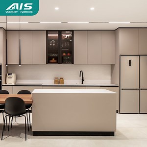 [Hot Item] AIS 2025 Apricot Custom Imported Designer Solid Wood Pet Kitchen Storage Cabinet Wholesale Kitchen Storage Furniture with Island