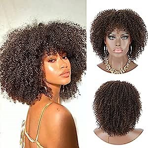 Kalyss 11" Synthetic Short Afro Kinky Curly Wigs for Women Realistic Brown Highlights Curly Wigs with Hair Bangs Lightweight Soft Bouncy Curls Hair Wigs