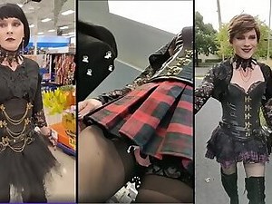 Gothic Sissy Tranny Walking In Public with Dick Exposed Under Skirt and Butt Plug