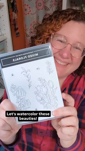 The flowers in the Mixed Florals stamp set are so beautiful! And perfect for watercoloring! I started by stamping with Stazon ink and used a stamp positioner so that I could stamp twice for a really dark image. I painted the flowers with water to get them wet and help the color run. Then I tapped some ink from my ink pad into a clear block and picked it up with a water painted. I carefully colored the flowers. The ink will run where the paper is wet and stop where it's dry. 🧡 Have you tried wat