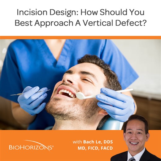 Incision design can make a huge difference. Avoid migration of the bone material by making an open book flap. Wide incisions make it hard to contain the biomaterial. Therefore, it is important to choose the appropriate incision design to achieve optimal results. Visit biohorizons.com/education/webinars to learn more. #dentalimplants #BioHorizons #dentalindustry #dentistry #specialist #oralsurgery #openbookflap | BioHorizons