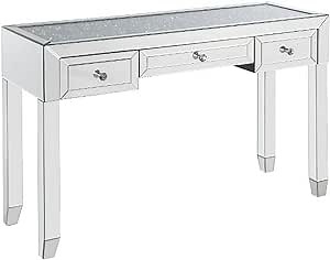 Benjara Writing Desk with Mirrored Frame and Faux Diamonds Inlay Glass Top, Silver