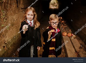 Boy Girl Witch Wizard Costumes Pointing Stock Photo 2158135455 | Shutterstock