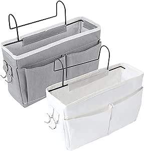 Hanging Basket bedside caddy – 2-Pack Grey and White Bed Storage Pocket – Sturdy Iron Frame with Canvas – Side Mesh Pocket and Double Hook Design – Ideal for Home, Kids