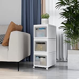 PARANTA 3-Piece Stackable Storage Box, Plastic Side Transparent Door Storage Box With Wheels, white