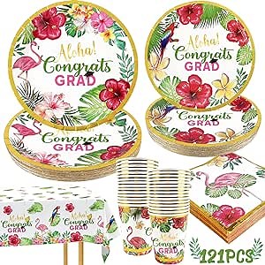 2025 Luau Graduation Paper Plates and Napkins 121 PCS Hawaiian Graduation Party Decorations Aloha Congrats Grad Cups Tablecloth Disposable Dinnerware Set Summer Themed Graduation Supplies Serve 30
