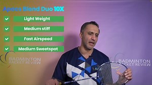Apacs 10x Blend Duo MANUFACTURERS SPECS: Weight: 79 -2 Balance: Head Heavy Shaft stiffness: Flexible Flex Max Tension: 30lbs OUR SPECS: Weight: 81.1g Balance: Very Head Heavy 314mm Shaft Stiffness: Stiff 1.12g Remember: All of our rackets are re-strung with the same string to 25lbs tension. We use the same shuttle cocks on all tests We test all rackets in exactly the same way Our player tries to hit all shots at the same velocity and strength to minimise variation. USEFUL LINKS: How to use Badmi