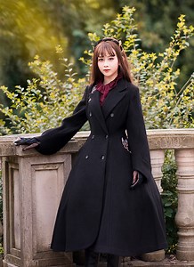 Vintage Retro Winter Wool Coat Ancient Egypt Goddess Bastet Long Sleeve Maxi Coat