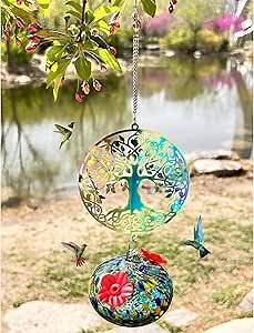 Hummingbird Feeders for Outdoors, Unique Hand-Blown Glass Hummingbird Feeders, with Hanging Metal Hummingbird Ornament, Perfect Garden Decor for Outside (Tree)