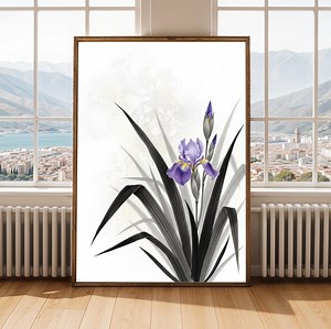 Iris Art Print – Minimalist, Purple Iris With Grey Leaves, Watercolor Style - Etsy Canada