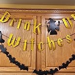 Pre-Strung Glitter Drink Up Witches Banner for Halloween Witch Decorations, Party Decor, Gold