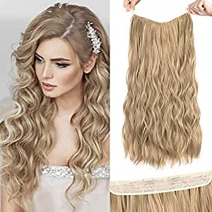 HOOJIH Wire Hair Extensions 3 Ways Adjustable Headband Size Curly Wavy Invisible Wire Hairpiece 24 Inch 150 Gram Invisible Secret Extensions for Women -Medium Blonde and Light Blonde Mixed