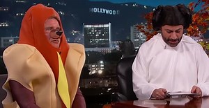 Harrison Ford Tells Jimmy Kimmel New 'Star Wars' Is "Incredible" While Dressed as a Pooch in a Hot Dog Costume