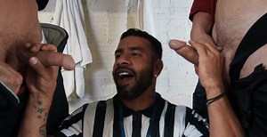 Hairy male gets fucked by football players in serious threesome