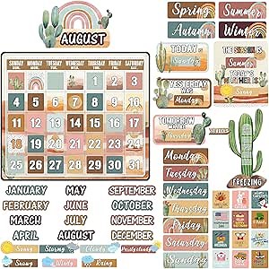 Cholemy 85 Pcs Calendar Bulletin Board Set Classroom Calendar Bulletin Board with Numbers Month Weather Classroom Decoration Wall Decor for Chalkboard Back to School Supplies(Boho Desert)