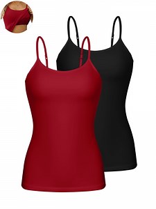 ANFERRY Womens Cotton Camisoles with Shelf Bra Solid Basic Spaghetti Straps Tank Tops Camis Pack of 2