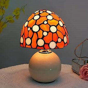 Orange Mushroom Lamp Bedroom Bedside retro Decor Art Nightstand unique Led Small Night Light Unique Esthetic Cute Kids Girls Vintage Home Ceramic Desk Tiffany Style Stained Glass Table Lamps