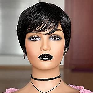 Human Hair Short Pixie Cut Wigs For Black Women Human Hair Wigs With Bangs (4 Inch, Black)