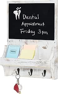 MyGift Whitewashed Wood Entryway Wall Organizer, Family Command Center Mail and Key Holder Rack with 3 Hooks, 3 Mail Slots and Chalkboard