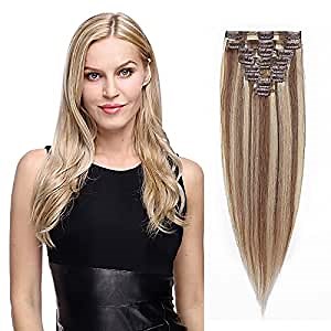 MY-LADY Clip In Hair Extensions 100% Real Human Remy Hair Soft Natural Extension Full Head 8pcs 22 Inch #12/613 Light Brown with Bleach Blonde 110g Long