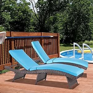 Folding Patio Wicker Chaise Lounge Chairs for Outside Set of 2 Rattan Sunbathing Chaise Lounge Chair Outdoor Assembled Reclining Sunbed Cushion Blue S Type Adjustable Backrest, No Assembly Required