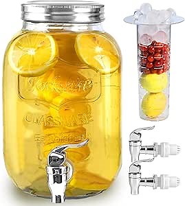 1 Gallon Glass Drink Dispensers for Parties, Large Beverage Dispenser, Lemonade Dispenser, Sun Tea Glass Jar for Outside, With a Fruit Infuser, Two Spigots, A Chalkboard and Lids.