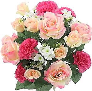 Admired by Nature ABN1B018-HOT-PNK Artificial Spring Flower Bush 24 Stem Rose/Carnation Mixed Bush, Hot Pink