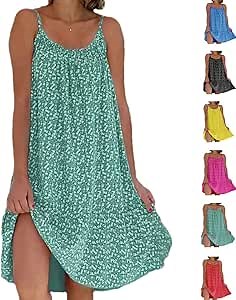 OWTERY Camibloom Floral Printed Camisole Dress for Women, Summer Loose Fit Sleeveless Beach Mini Short Dresses Cami Dress (Green,M)