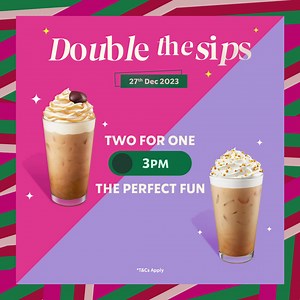 Double the sips, double the smiles! ✨ Savor the flavor while you still can because today is your last chance to experience a sip-tastic Buy 1 Free 1 from 3 PM to 8 PM! 🎉 Terms and Conditions: • Complimentary beverage must be of equal or lesser value than the purchased. • Not valid with any other discounts or promotions. • Any modifier/add-on will be charged accordingly. #StarbucksBrunei | Starbucks Brunei