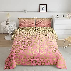 Feelyou Glitter Comforter Set Shiny Leopard Print Bedding Set Pastel Comforter Golden Leopard Print Quilted Duvet Set for Girls Women Microfiber King(No Glitter)
