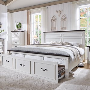 wow97e Farmhouse King Size Bed Framewith 51" Tall Headboard & 20" Roman Column Footboard, Wood Platform Frame with 3 Large Storage Drawers, No Box Spring Needed