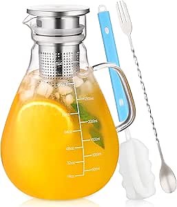 Glass Pitcher with Lid & Removable Fruit Infuser Filter, 105.6OZ Glass Fruit Infuser Water Pitcher with Precise Scale Line & Mix Spoon, HOUSALE 18/8 Stainless Steel Lid Iced Tea Pitcher Easy to Clean