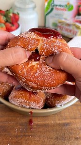 Strawberry Jelly Donuts For the Donut Dough: 4 ¼ cups all-purpose flour 1 tsp salt ¼ cup white sugar 2 ½ tsp instant yeast ¾ cup full cream milk (warm) 2 large eggs (room temperature) 3 ½ tbsps President Unsalted butter (room temperature) For the Strawberry Jelly: 1 lb Garden Foods Whole Strawberries 1 cup white sugar 2 tbsps lemon juice For Frying & Coating: Oil for frying Additional sugar for coating Directions - In a large bowl, mix the flour, salt, sugar, and yeast. - Add warm milk and eggs,