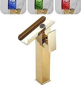 Bathroom Vessel Faucet Gold LED 3 Color Changing Light Waterfall Vessel Sink Faucets Single Handle One Hole Bowl Sink Faucet Vanity Lavatory Basin Mixer Tap Tall with Supply Hose Commercial Modern