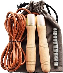 Ahomie Leather Jump Rope, Adjustable Skipping Jumping Ropes, with Rotary Bearing and Pure Wood Handles, for Gym & Home Fitness Workouts