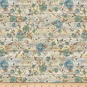 Susan Winget Frees Eggs Floral Slats Aqua, Fabric by the Yard