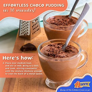 Make pudding that packs a punch! Use Queen Cornstarch for smooth, light and velvety results. It’s so yummy, that what you make in 10 minutes could be gobbled up in 10 minutes or even less! 1. Stir together sugar, cocoa, cornstarch, and salt in a saucepan. 2. Place over medium heat, and stir in milk. Bring to a boil, and cook, stirring constantly until the mixture thickens enough to coat the back of a metal spoon. 3. Remove from heat and stir in butter and vanilla. Cool briefly. Serve warm or chi